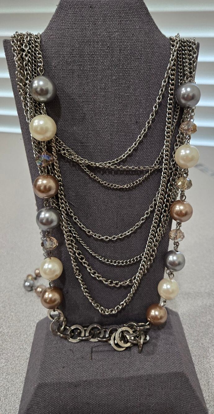 Silver Chain W/White Gray Round Beads Multi Strand Necklace